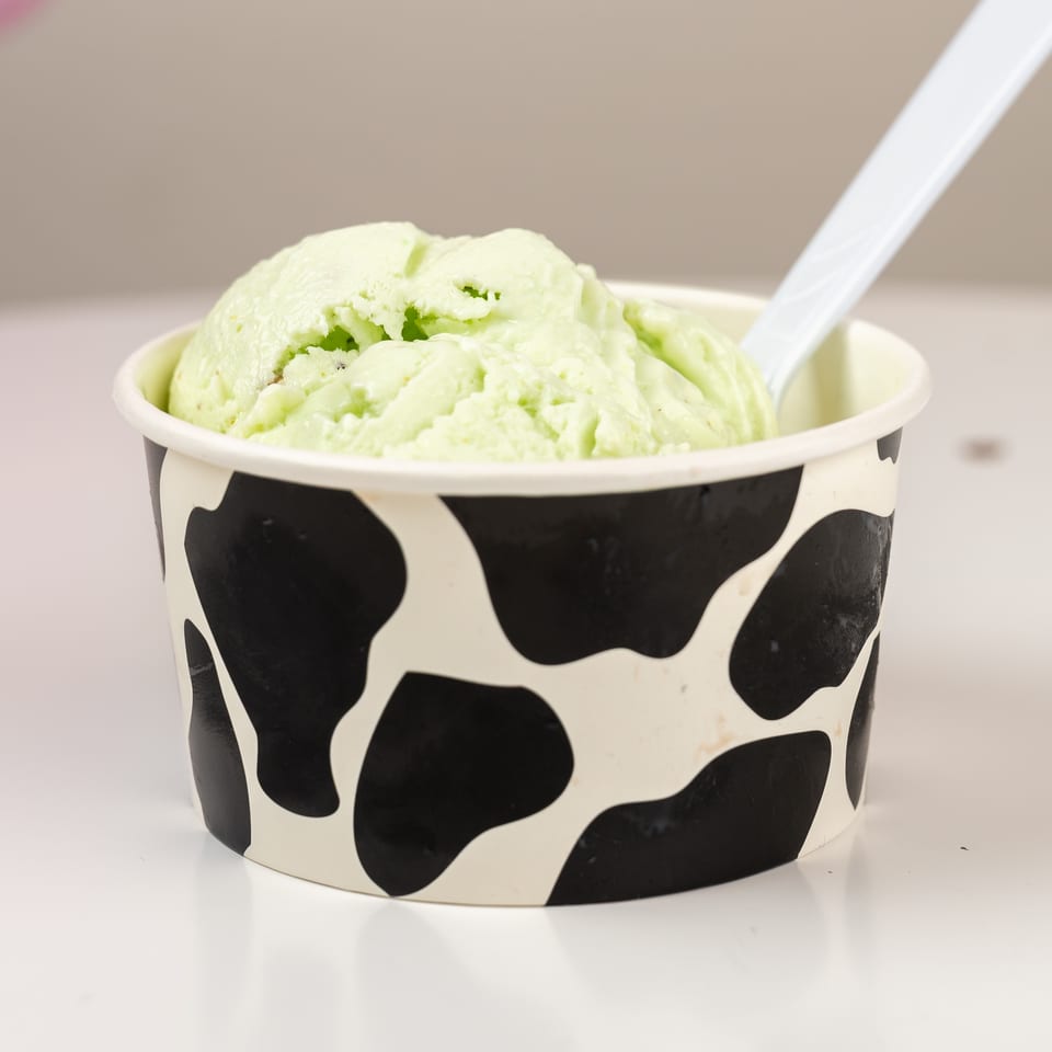 Scoop of pale green ice cream in a cow-patterned cup with a white spoon.